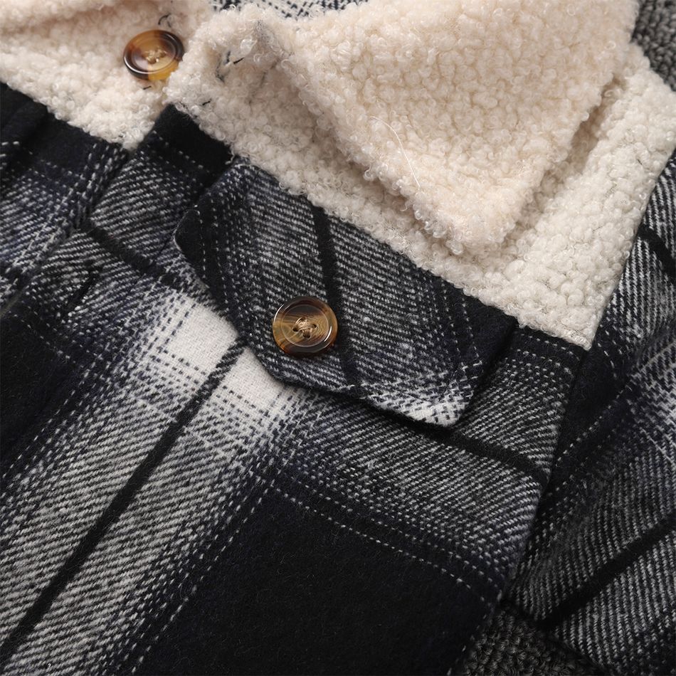 Baby Boy/Girl Sherpa Fleece Collar Spliced Plaid Long-sleeve Jacket BlackandWhite big image 3