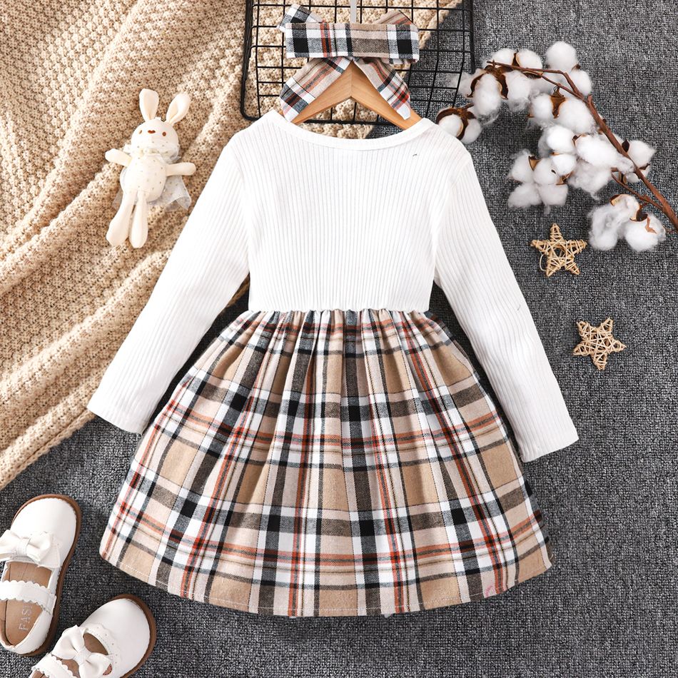 2pcs Toddler Girl Classic Faux-two Plaid Ribbed Splice Dress and Headband White big image 2
