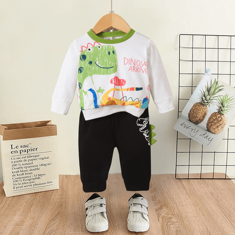 2pcs Baby Boy Dinosaur Print Long-sleeve Sweatshirt and Sweatpants Set Black/White