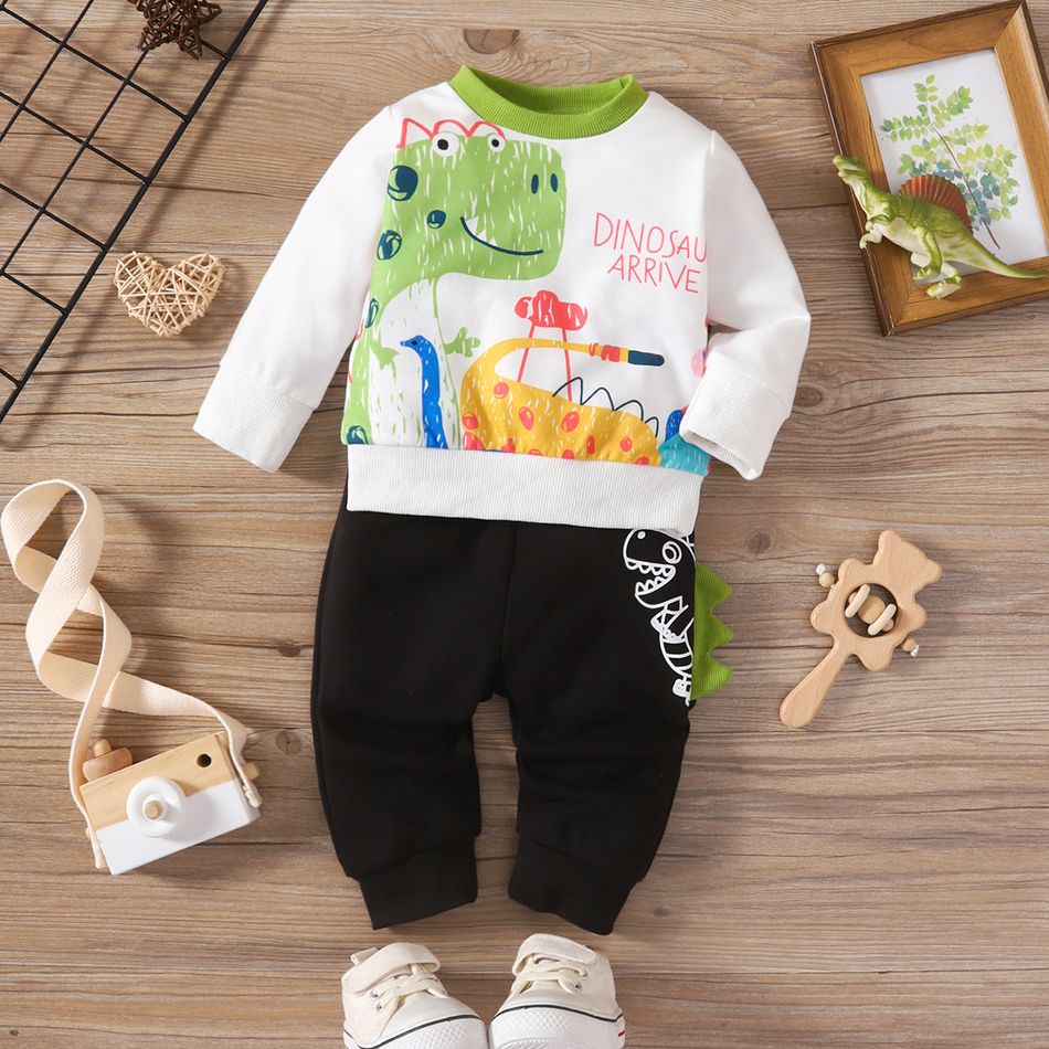 2pcs Baby Boy Dinosaur Print Long-sleeve Sweatshirt and Sweatpants Set Black/White big image 3