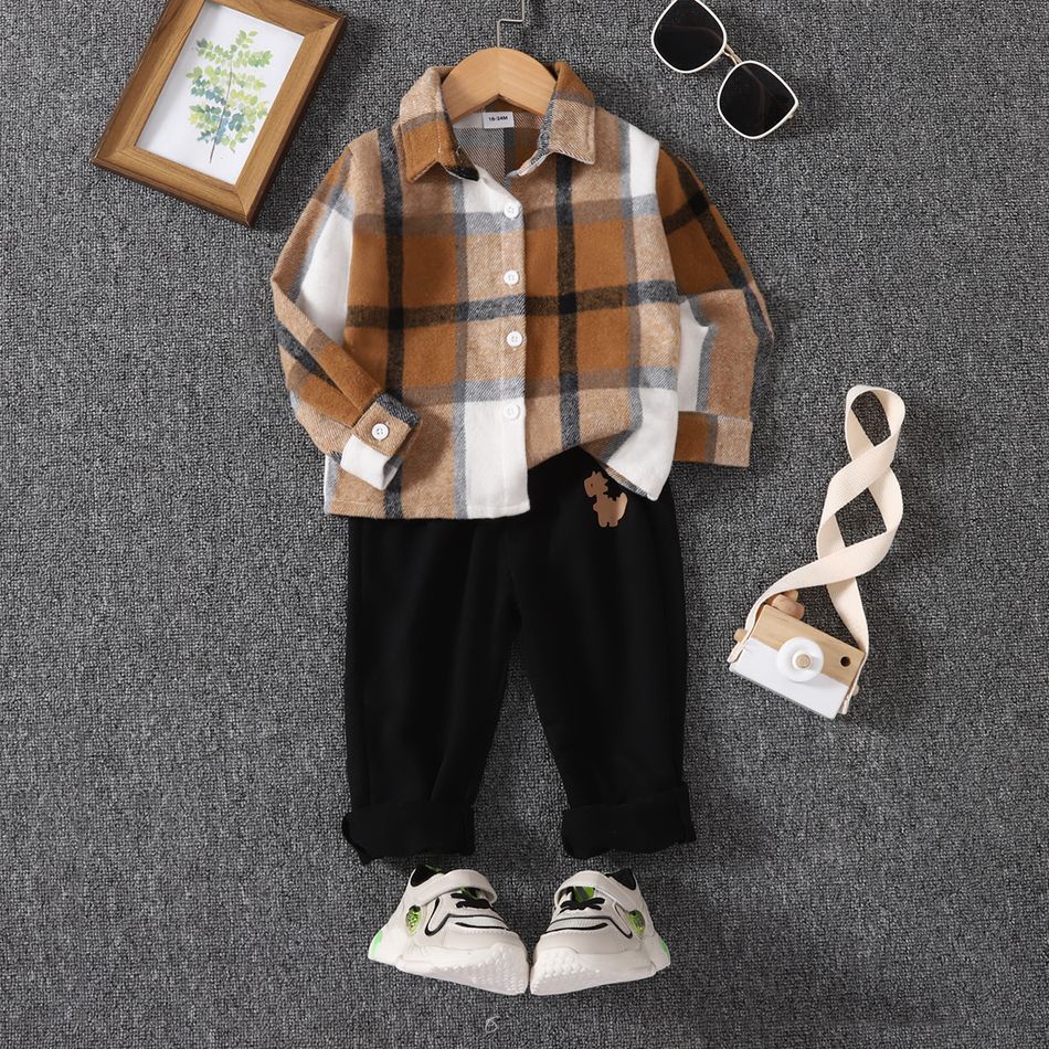 2pcs Toddler Boy Classic Lapel Collar Plaid Shirt and Dinosaur Print Pants Set Brown