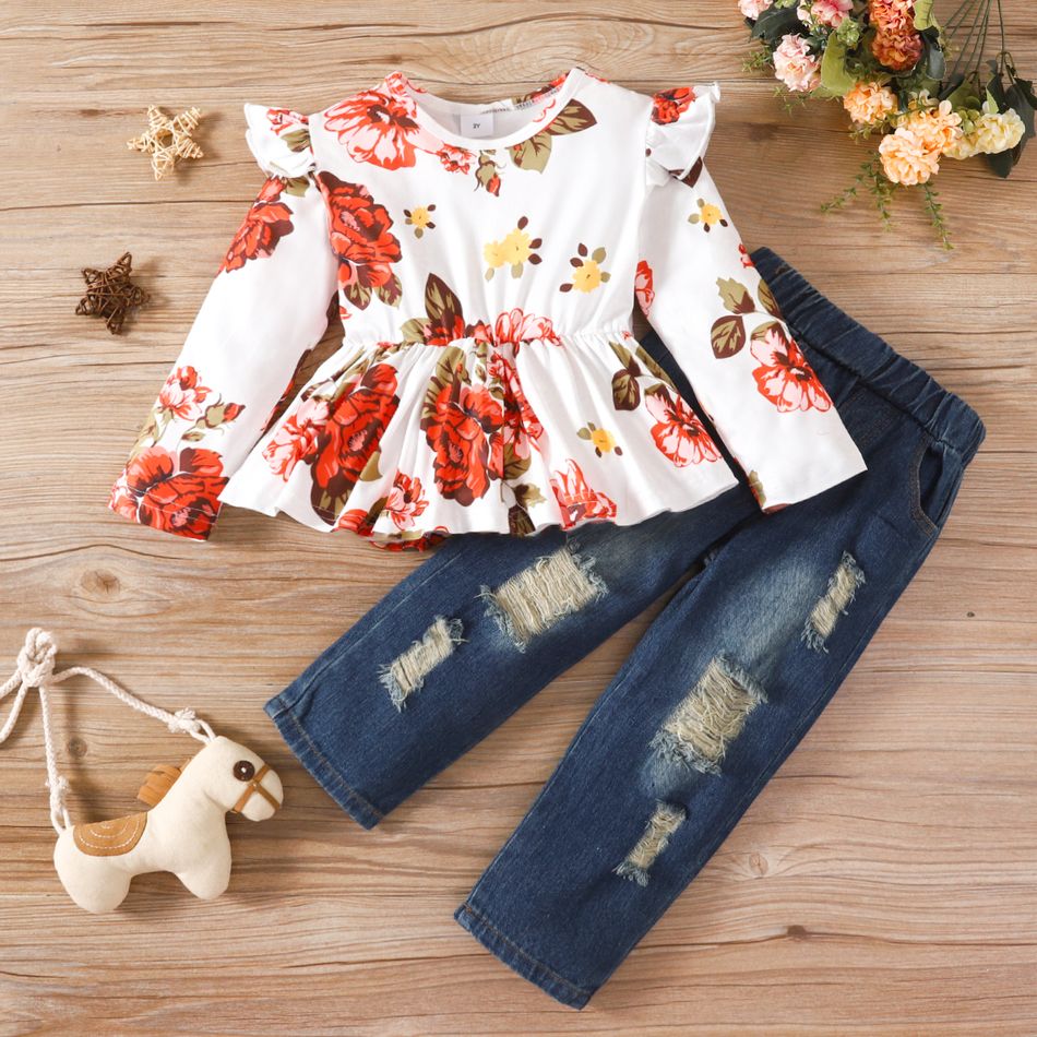 2pcs Toddler Girl Sweet Ripped Denim Jeans and Floral Print Tee Set Multi-color big image 1