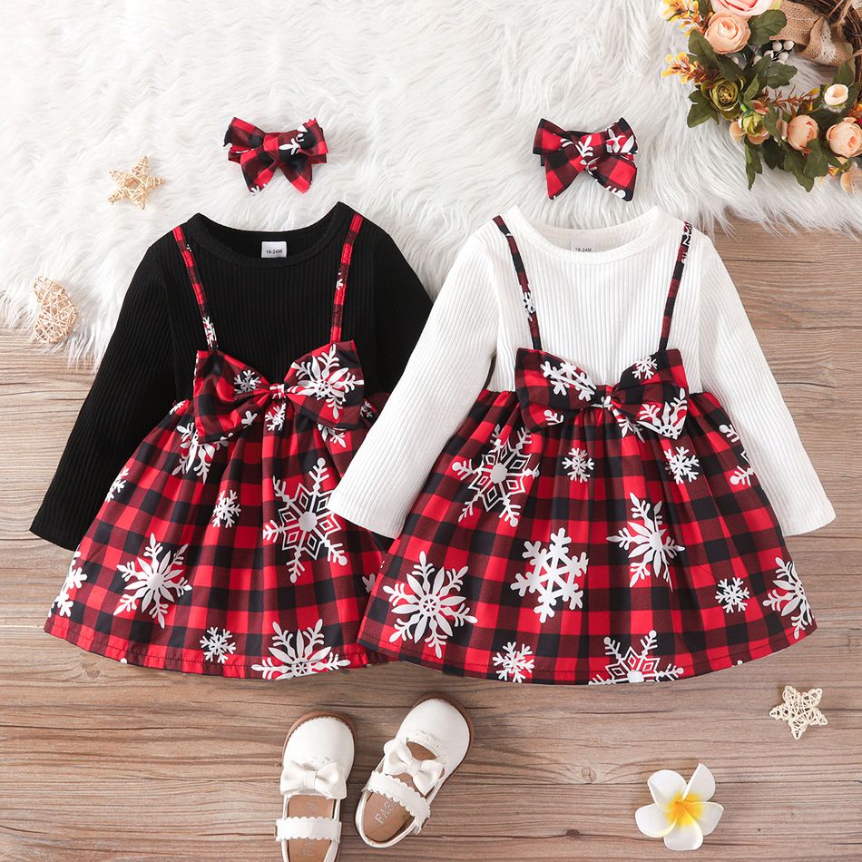 Toddler Girl Christmas Faux-two Bowknot Design Splice Long-sleeve Dress Black
