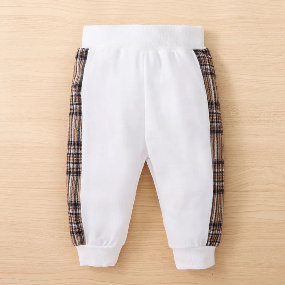 2pcs Toddler Boy Playful Bear Embroidered Sweatshirt and Plaid Splice Pants Set White big image 6
