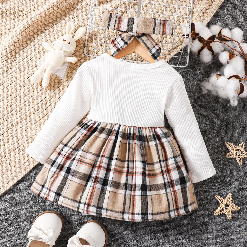 2pcs Baby Girl Plaid Bow Front Spliced Ribbed Long-sleeve Dress with Headband Set Brown big image 2