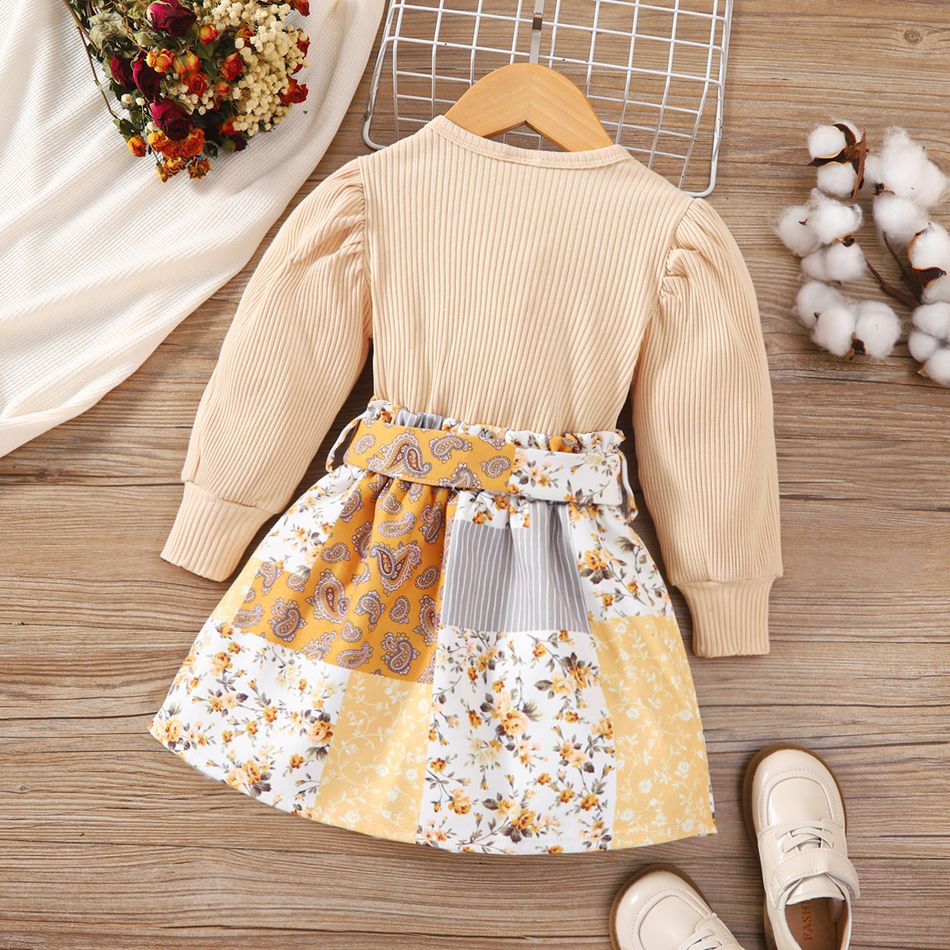 2pcs Toddler Girl Sweet Ribbed Puff-sleeve Tee and Floral Print Belted Skirt Set Apricot big image 2