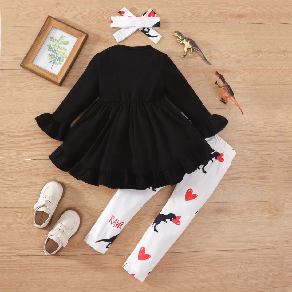 3pcs Toddler Girl Valentine's Day Dinosaur Heart Print Tee & Leggings and Headband Set Black big image 2