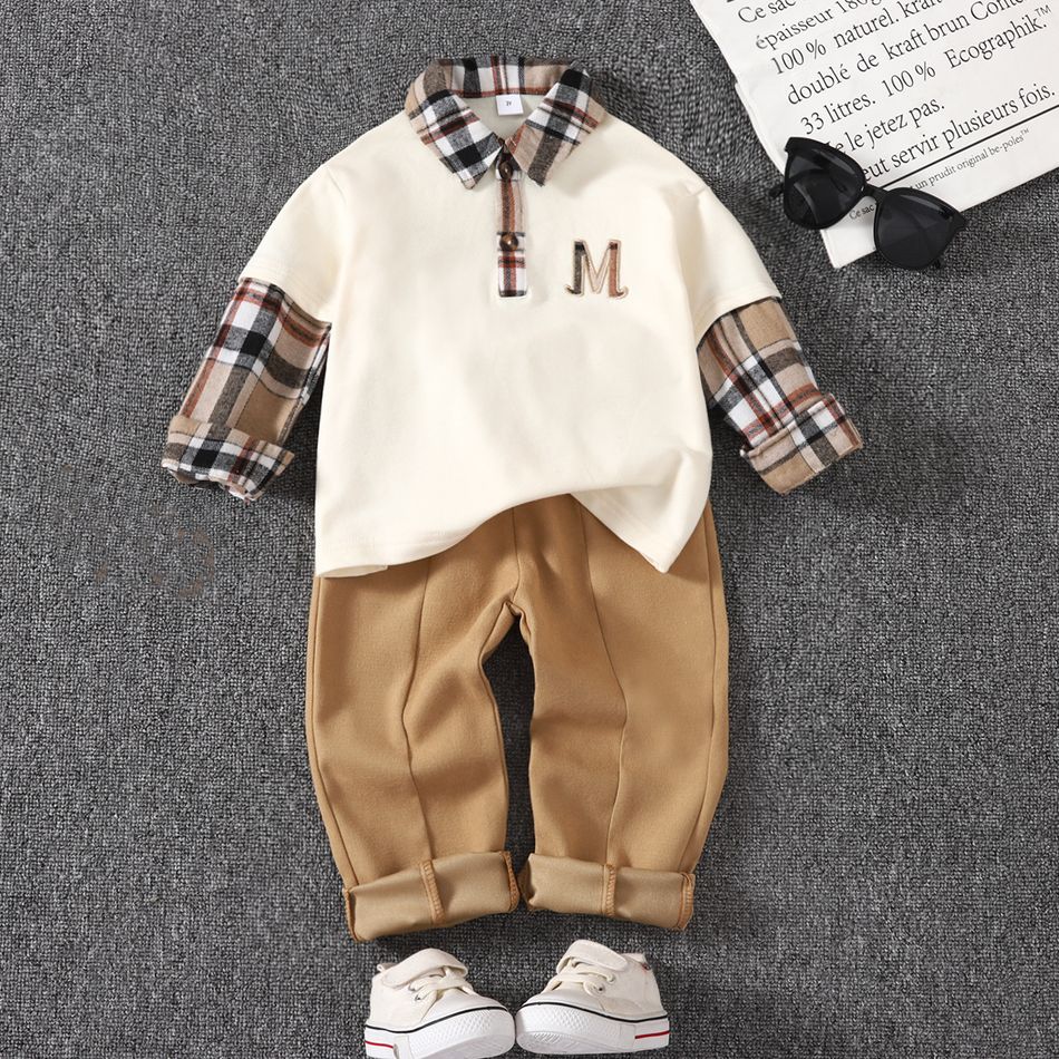 2pcs Toddler Boy Trendy Faux-two Plaid Splice Lapel Collar Tee and Pants Set Creamcolored big image 1
