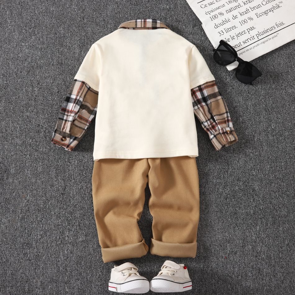 2pcs Toddler Boy Trendy Faux-two Plaid Splice Lapel Collar Tee and Pants Set Creamcolored big image 2