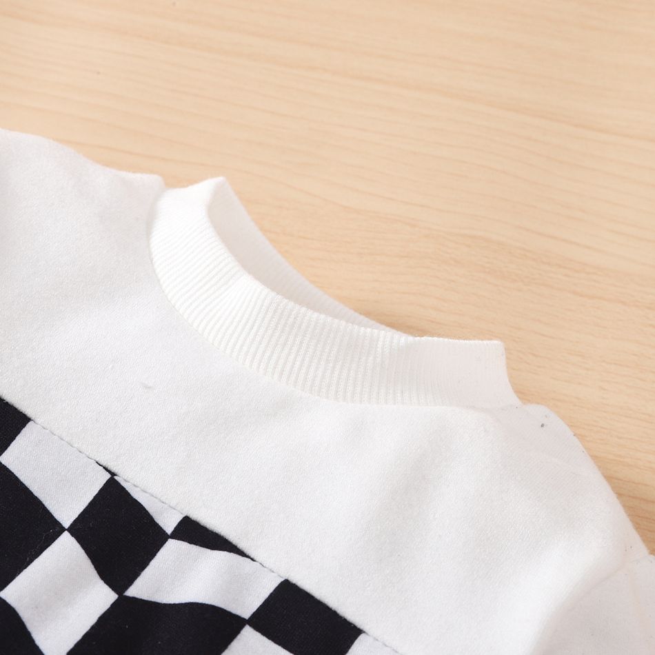 2pcs Baby Boy/Girl Long-sleeve Spliced Sweatshirt and Checkered Sweatpants Set Black/White big image 3