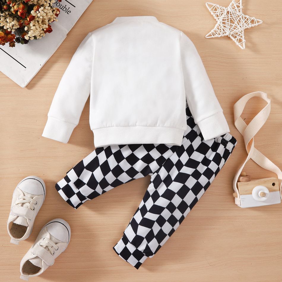 2pcs Baby Boy/Girl Long-sleeve Spliced Sweatshirt and Checkered Sweatpants Set Black/White big image 2