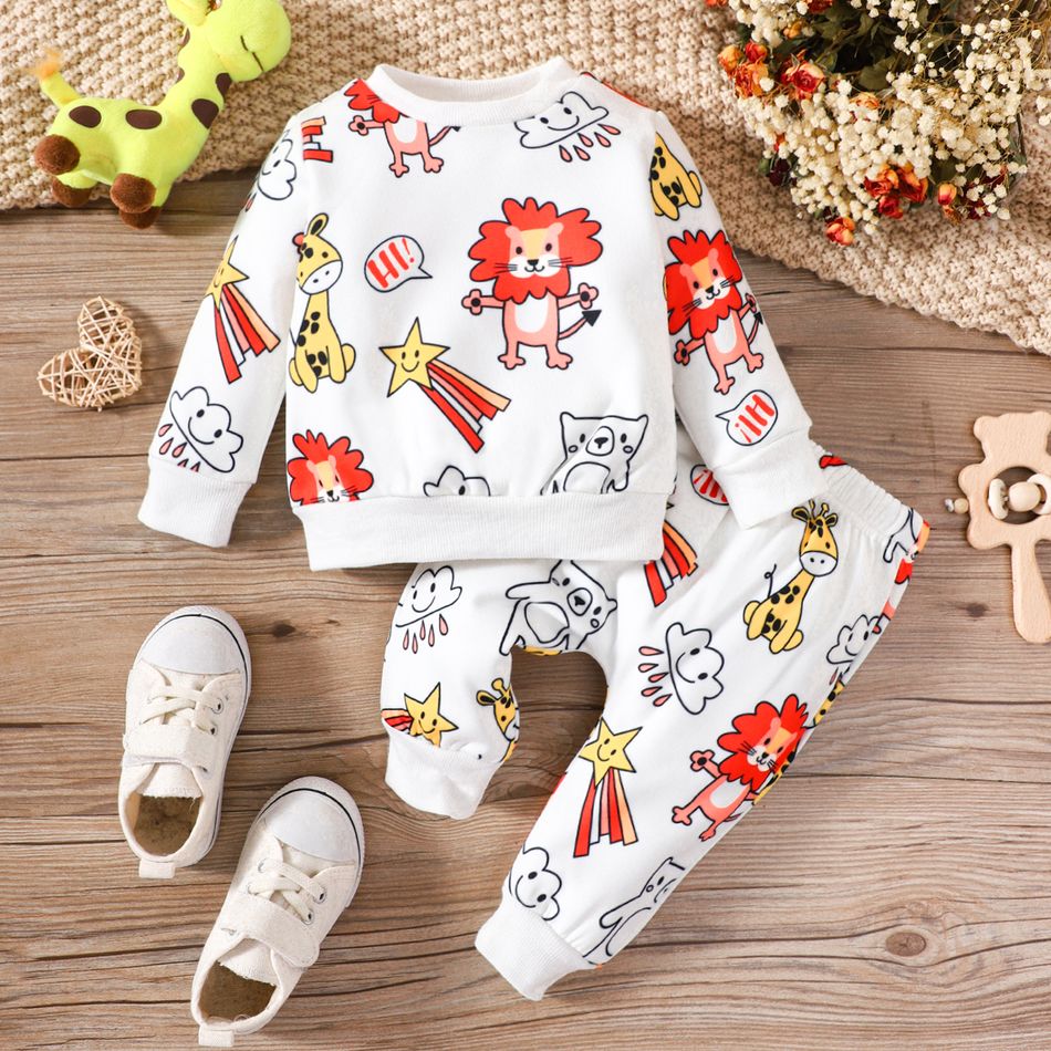 2pcs Baby Boy/Girl Allover Animal Print Long-sleeve Fleece Lined Sweatshirt and Sweatpants Set White big image 2