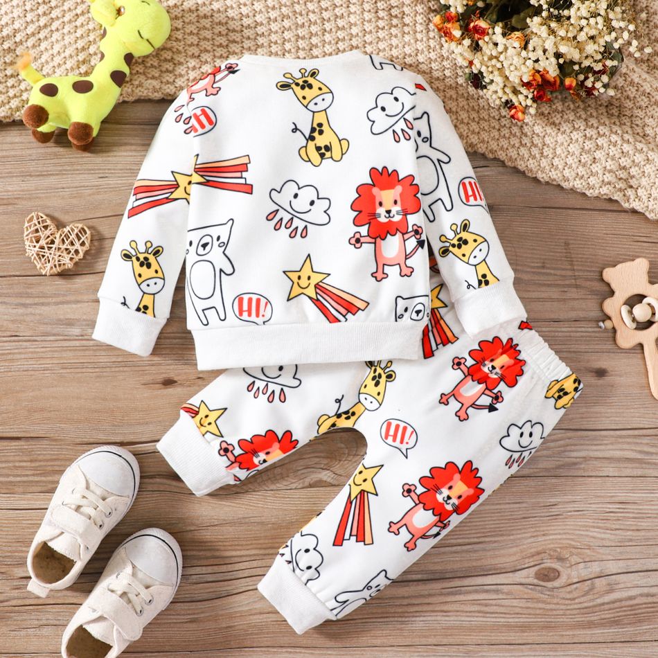 2pcs Baby Boy/Girl Allover Animal Print Long-sleeve Fleece Lined Sweatshirt and Sweatpants Set White big image 3