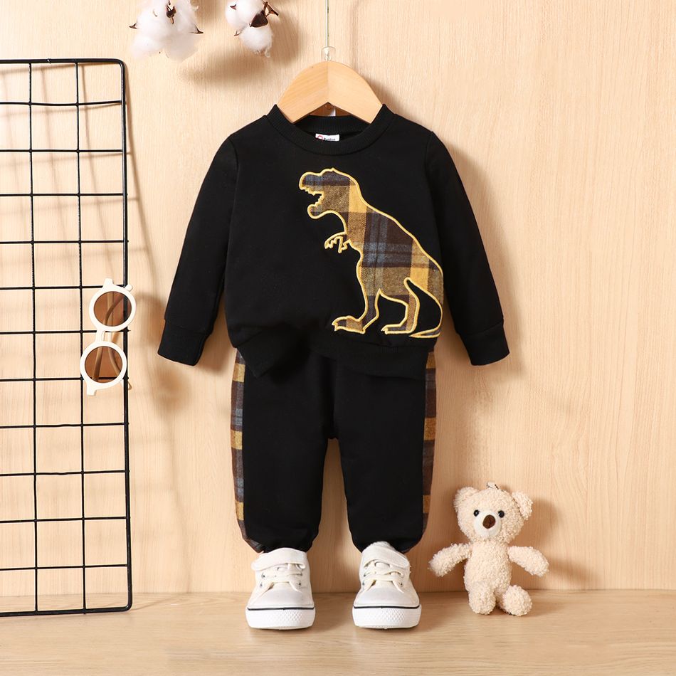 2pcs Baby Boy Plaid Dinosaur Embroidered Black Long-sleeve Sweatshirt and Sweatpants Set Black