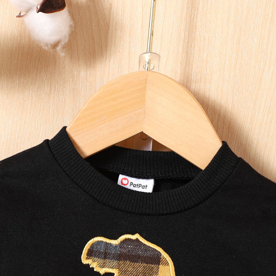 2pcs Baby Boy Plaid Dinosaur Embroidered Black Long-sleeve Sweatshirt and Sweatpants Set Black big image 3