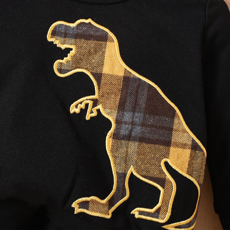 2pcs Baby Boy Plaid Dinosaur Embroidered Black Long-sleeve Sweatshirt and Sweatpants Set Black big image 4