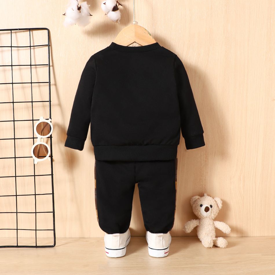2pcs Baby Boy Plaid Dinosaur Embroidered Black Long-sleeve Sweatshirt and Sweatpants Set Black big image 2