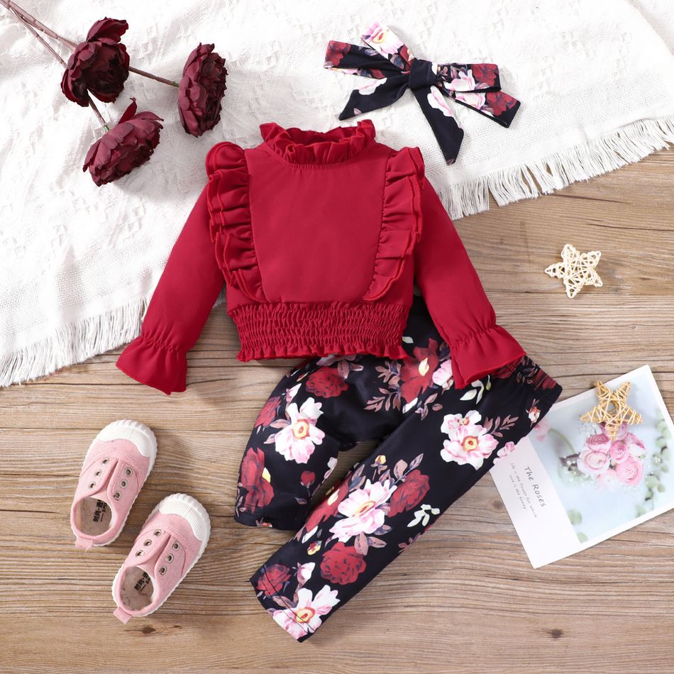 3pcs Baby Girl Solid Ruffle Trim Mock Neck Long-sleeve Shirred Top and Floral Print Pants & Headband Set Burgundy big image 1