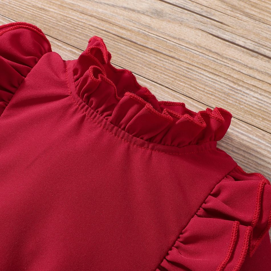 3pcs Baby Girl Solid Ruffle Trim Mock Neck Long-sleeve Shirred Top and Floral Print Pants & Headband Set Burgundy big image 3