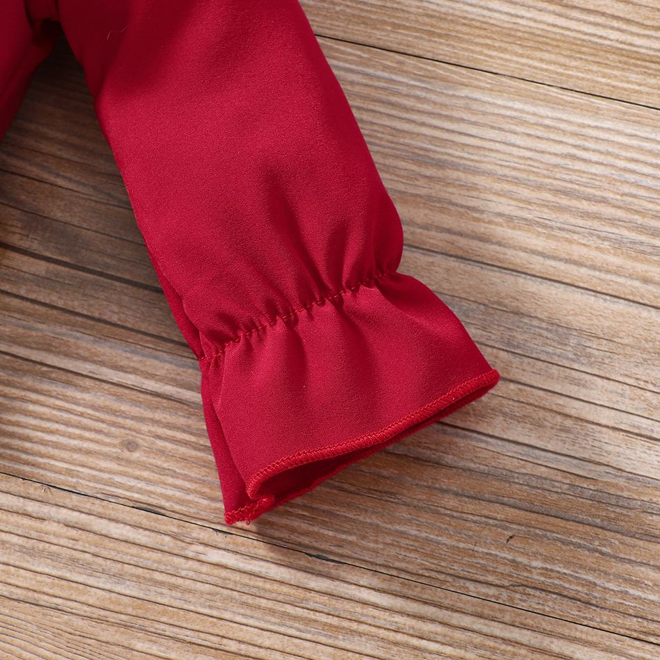 3pcs Baby Girl Solid Ruffle Trim Mock Neck Long-sleeve Shirred Top and Floral Print Pants & Headband Set Burgundy big image 5