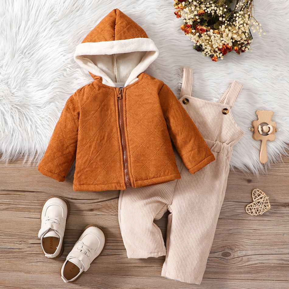 2pcs Baby Boy/Girl Fleece Lined Hooded Zipper Jacket and Corduroy Overalls Set Brown big image 1