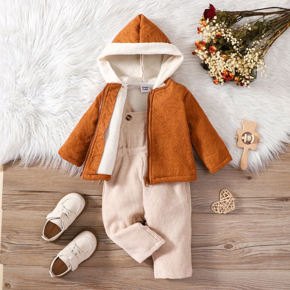 2pcs Baby Boy/Girl Fleece Lined Hooded Zipper Jacket and Corduroy Overalls Set Brown big image 2