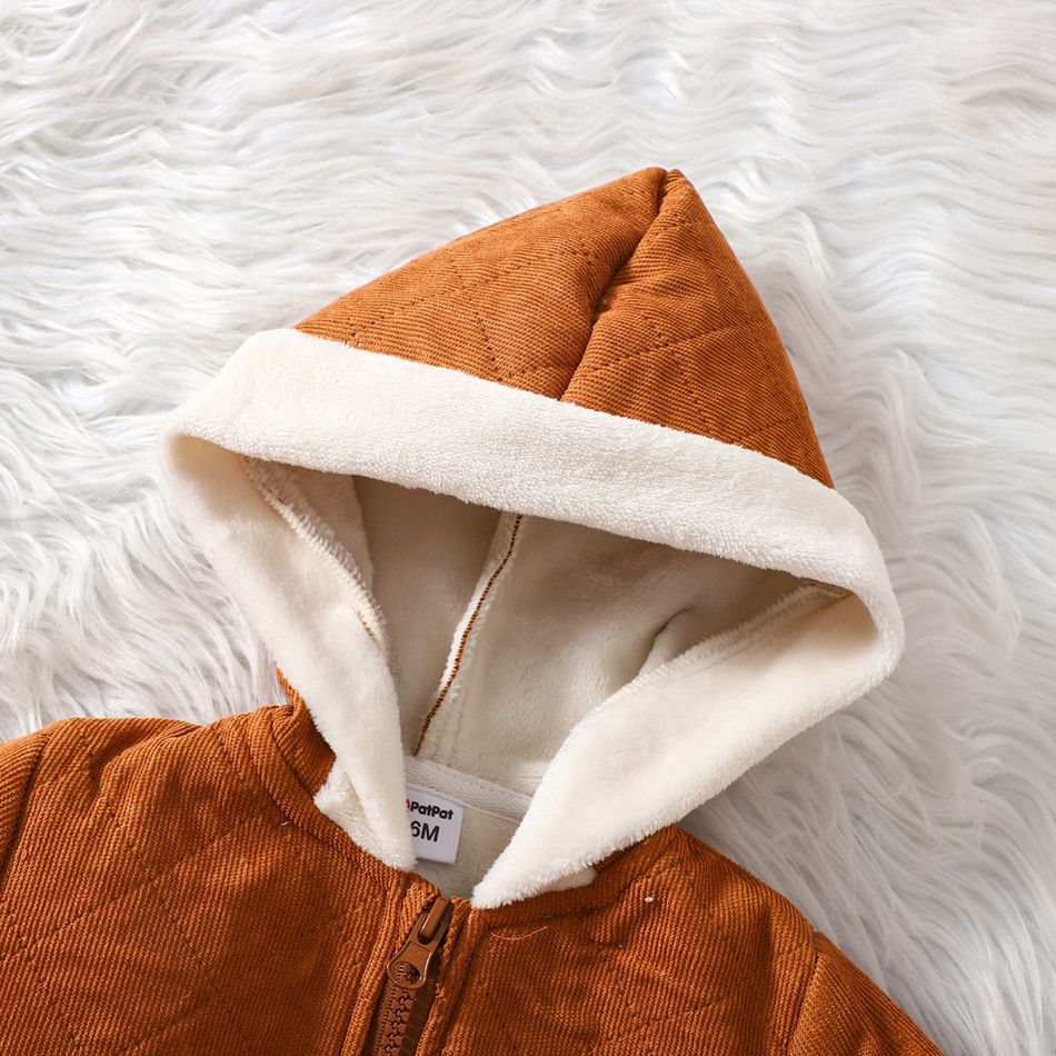 2pcs Baby Boy/Girl Fleece Lined Hooded Zipper Jacket and Corduroy Overalls Set Brown big image 4