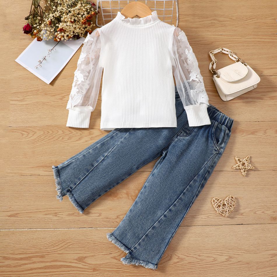 2pcs Toddler Girl Trendy Irregular Cuff Denim Jeans and Mesh Sleeve Tee Set White big image 1