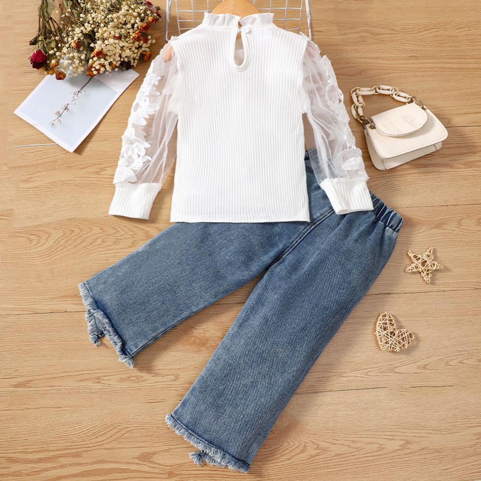 2pcs Toddler Girl Trendy Irregular Cuff Denim Jeans and Mesh Sleeve Tee Set White big image 2