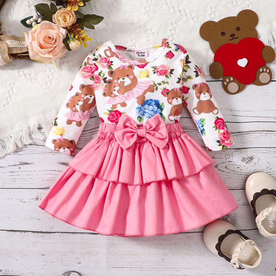 2pcs Baby Girl 100% Cotton Layered Skirt and Allover Bear Print Long-sleeve Romper Set Pink big image 2