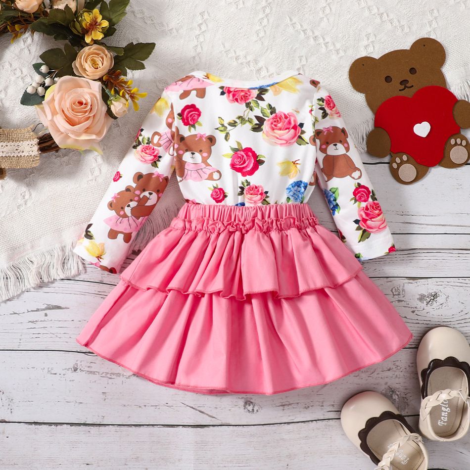 2pcs Baby Girl 100% Cotton Layered Skirt and Allover Bear Print Long-sleeve Romper Set Pink big image 3