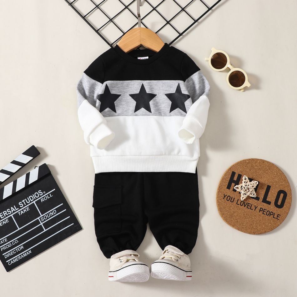 2pcs Baby Boy/Girl Star Print Long-sleeve Colorblock Sweatshirt and Solid Sweatpants Set Black