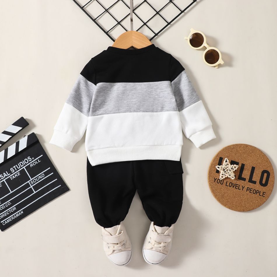 2pcs Baby Boy/Girl Star Print Long-sleeve Colorblock Sweatshirt and Solid Sweatpants Set Black big image 2