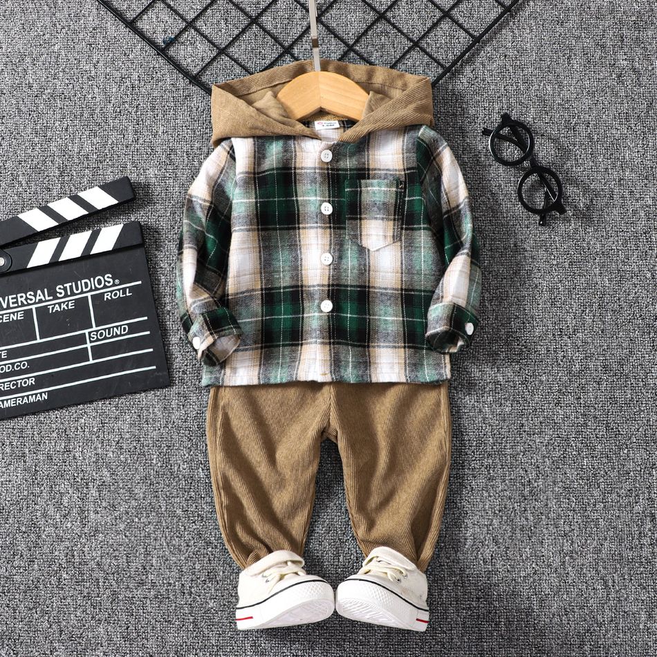 2pcs Baby Boy Hooded Long-sleeve Plaid Shirt and Solid Pants Set Green big image 1