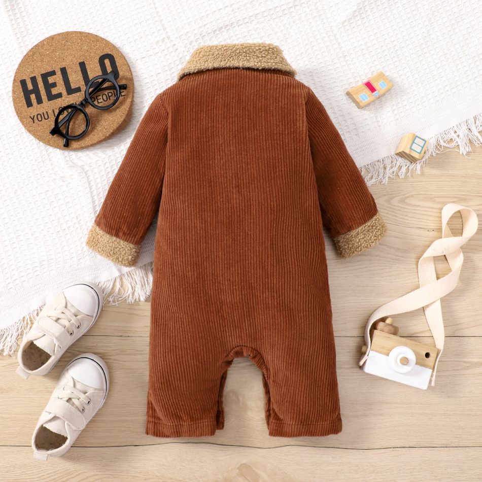 Baby Boy/Girl 95% Cotton Contrast Fuzzy Collar Thickened Corduroy Jumpsuit Brown big image 2