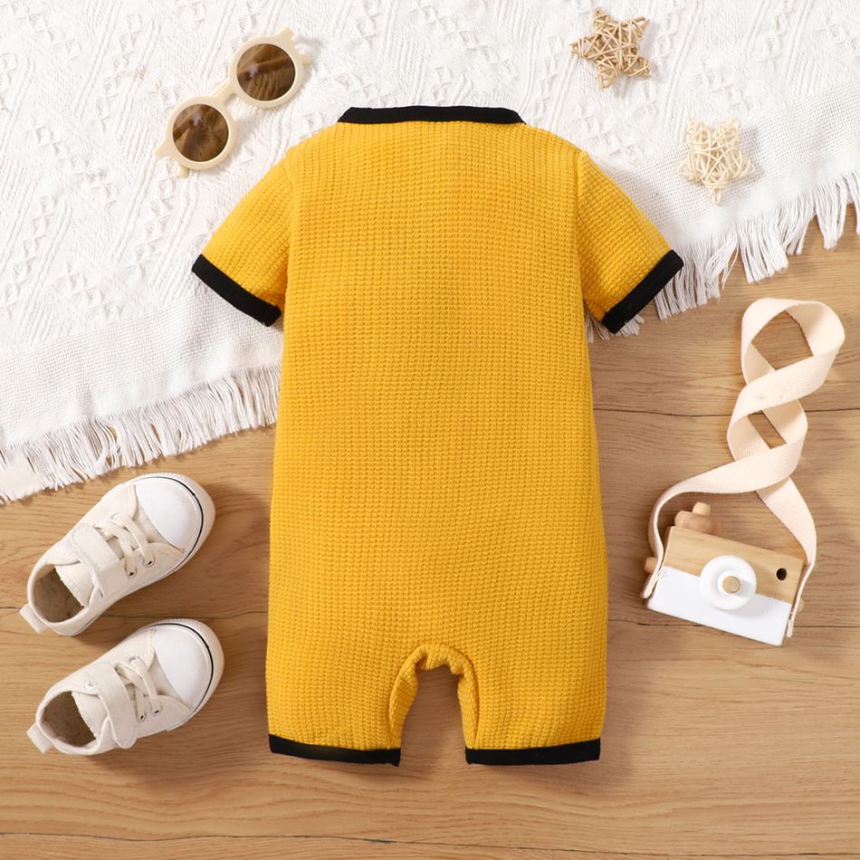 Baby Boy/Girl Contrast Binding Waffle Textured Short-sleeve Romper Yellow big image 2