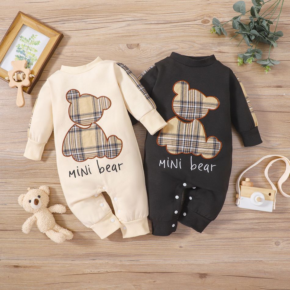 Baby Boy/Girl Plaid Bear & Letter Embroidered Long-sleeve Jumpsuit LightApricot big image 6