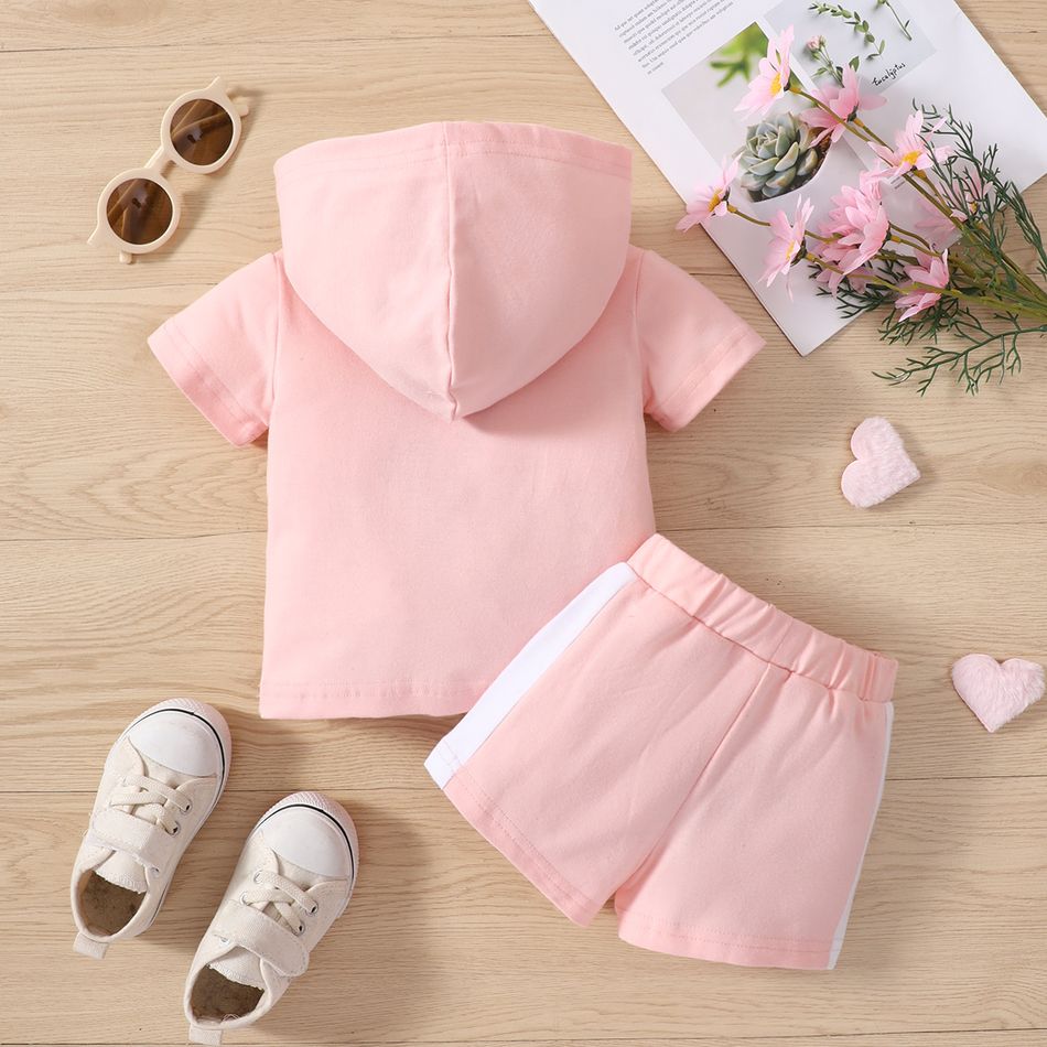 2pcs Baby Boy/Girl Letter Print Hooded Short-sleeve Top & Shorts Set Pink big image 3