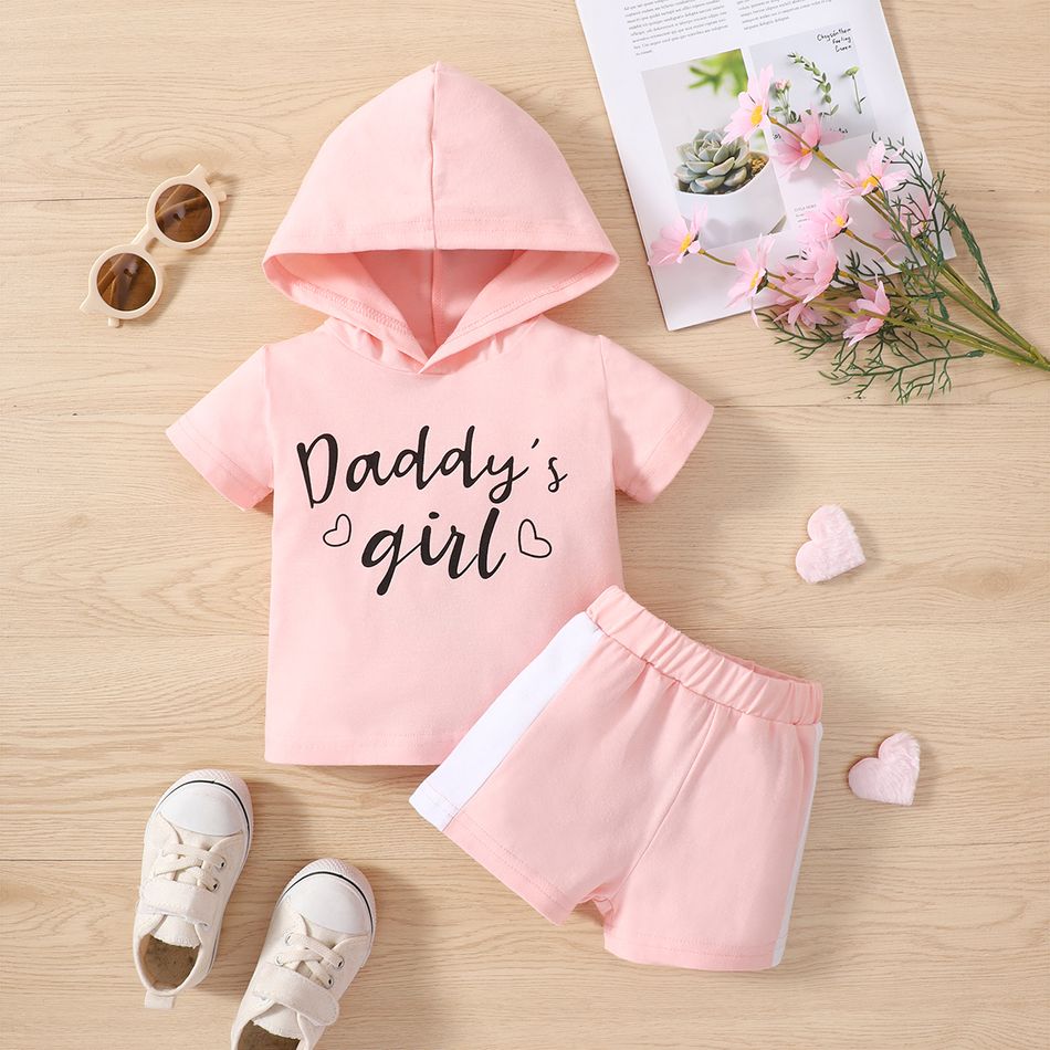 2pcs Baby Boy/Girl Letter Print Hooded Short-sleeve Top & Shorts Set Pink big image 1
