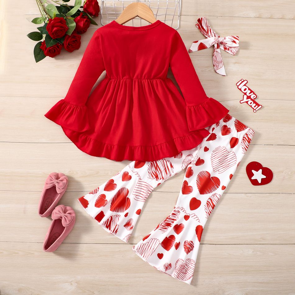 3pcs Toddler Girl Valentine's Day Ruffle Tee and Heart Print Flared Pants & Headband Set Red big image 2