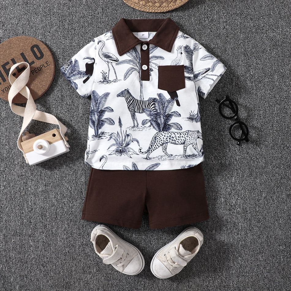 2pcs Toddler Boy Playful Animal Print Polo Collar Tee and Shorts Set Brown