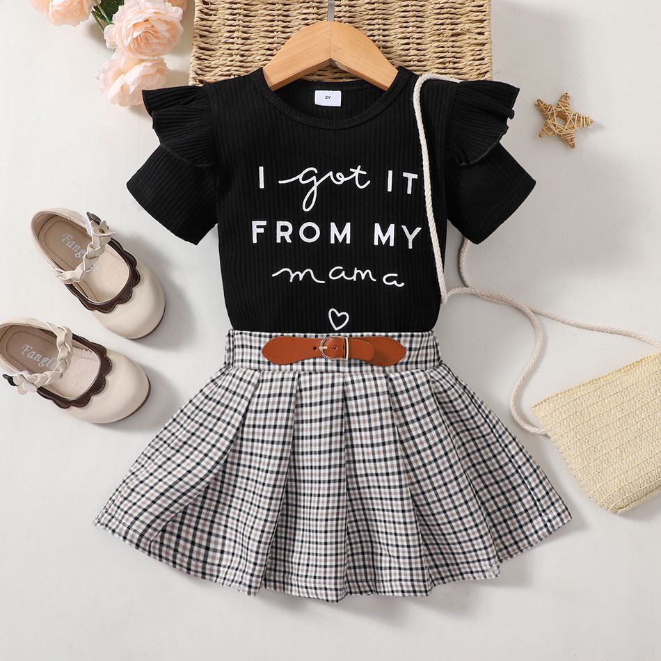 2pcs Toddler Girl Sweet Letter Print Ribbed Tee and Plaid Pleated Skirt Set Black big image 1