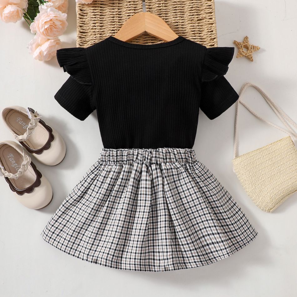 2pcs Toddler Girl Sweet Letter Print Ribbed Tee and Plaid Pleated Skirt Set Black big image 2