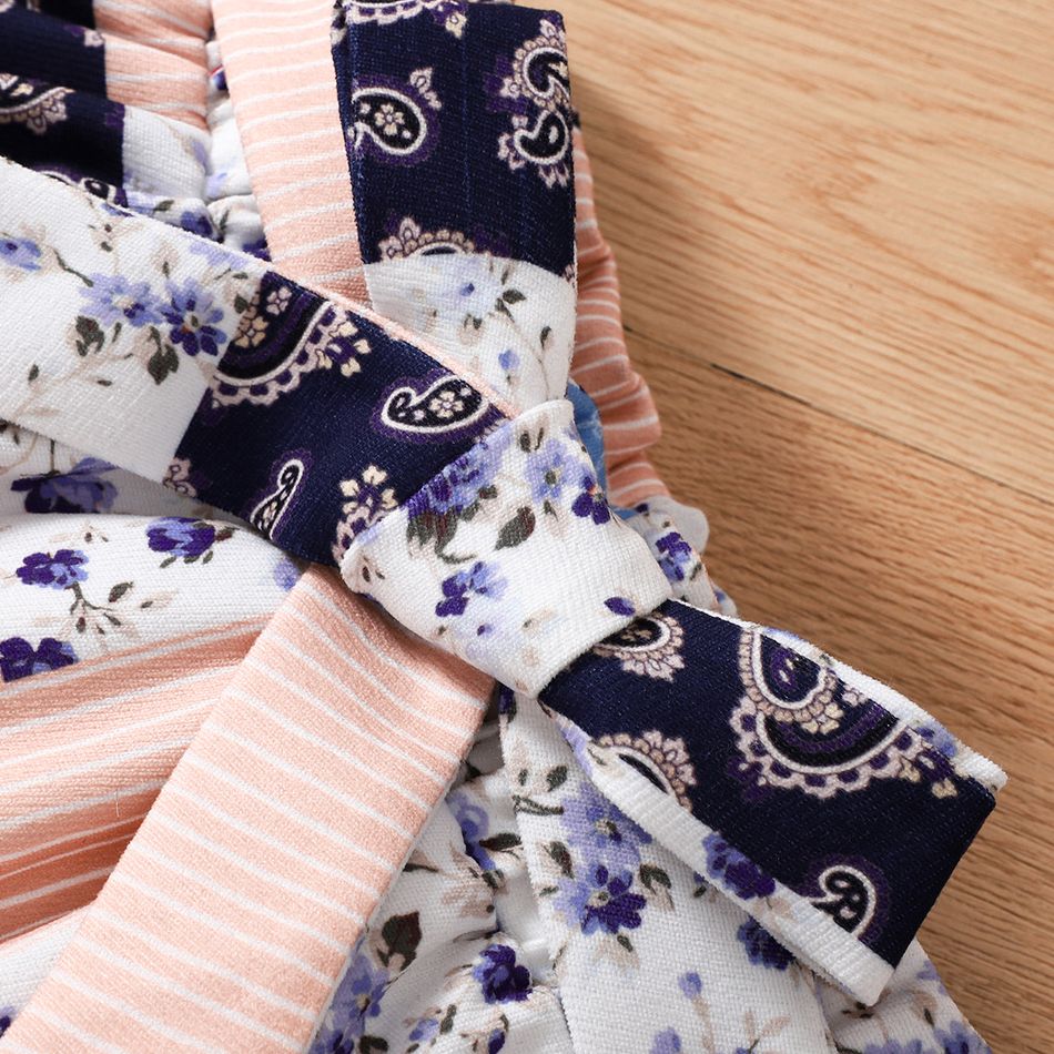 3pcs Toddler Girl Trendy Bowknot Design One Shoulder Tee Floral Print Skirt & Belt Set White big image 4