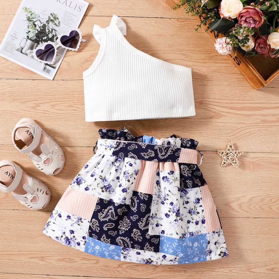3pcs Toddler Girl Trendy Bowknot Design One Shoulder Tee Floral Print Skirt & Belt Set White big image 2