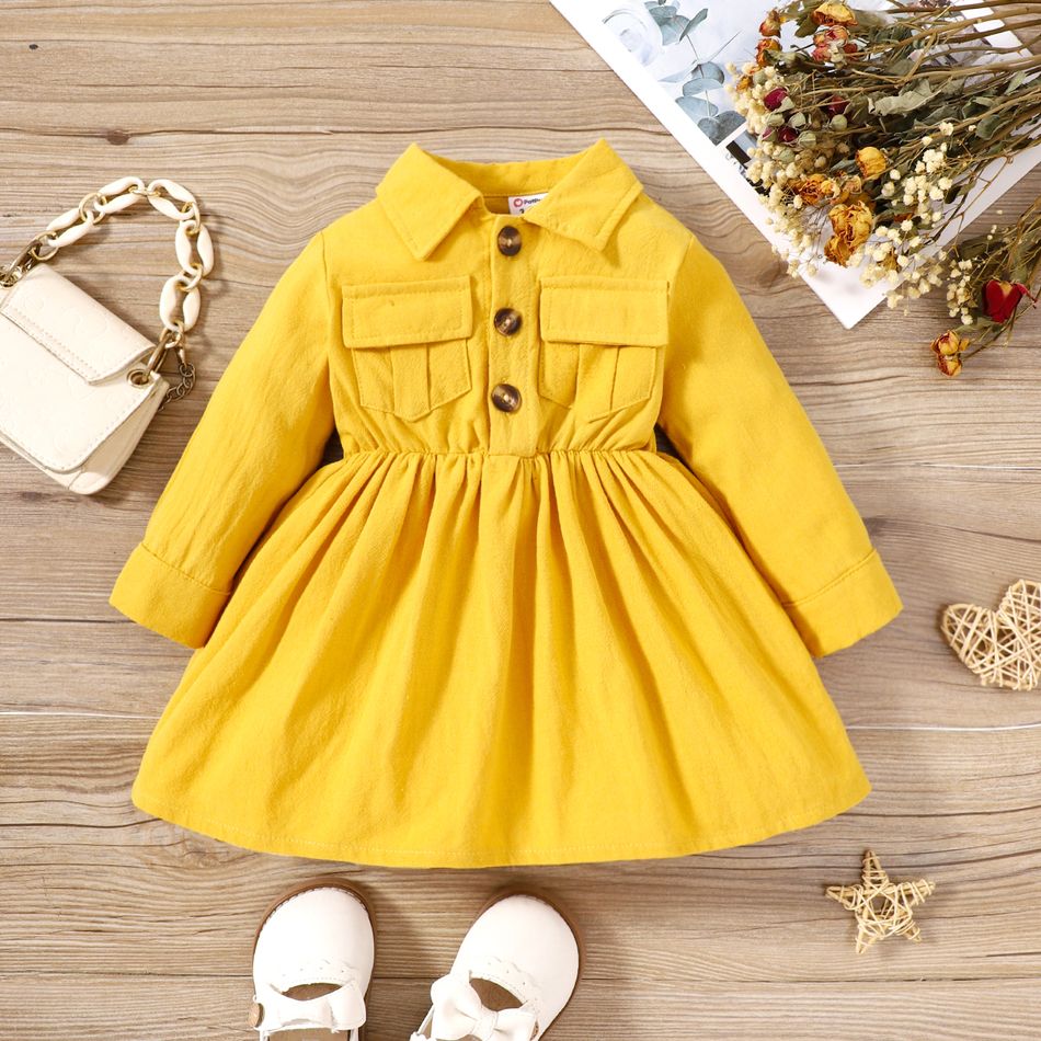 Baby Girl 100% Cotton Solid Long-sleeve Button Dress Yellow big image 1