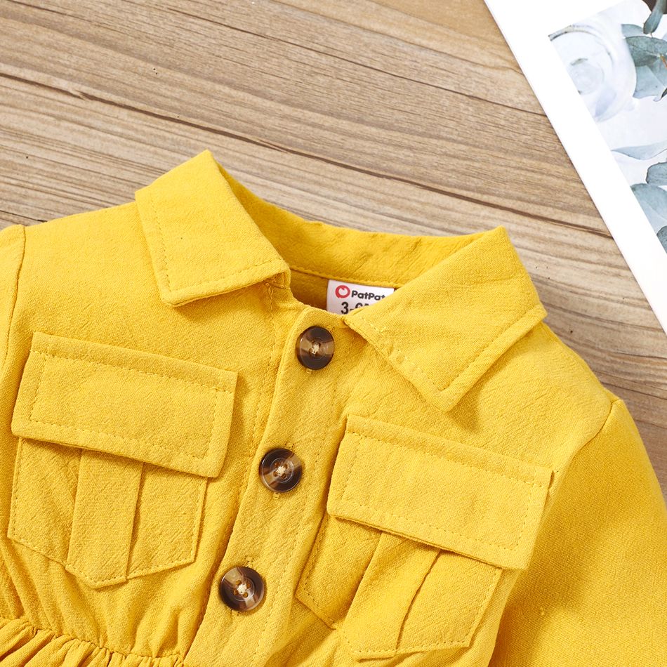 Baby Girl 100% Cotton Solid Long-sleeve Button Dress Yellow big image 4
