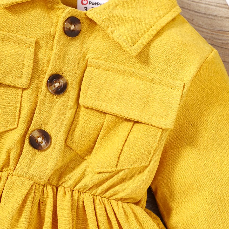Baby Girl 100% Cotton Solid Long-sleeve Button Dress Yellow big image 5