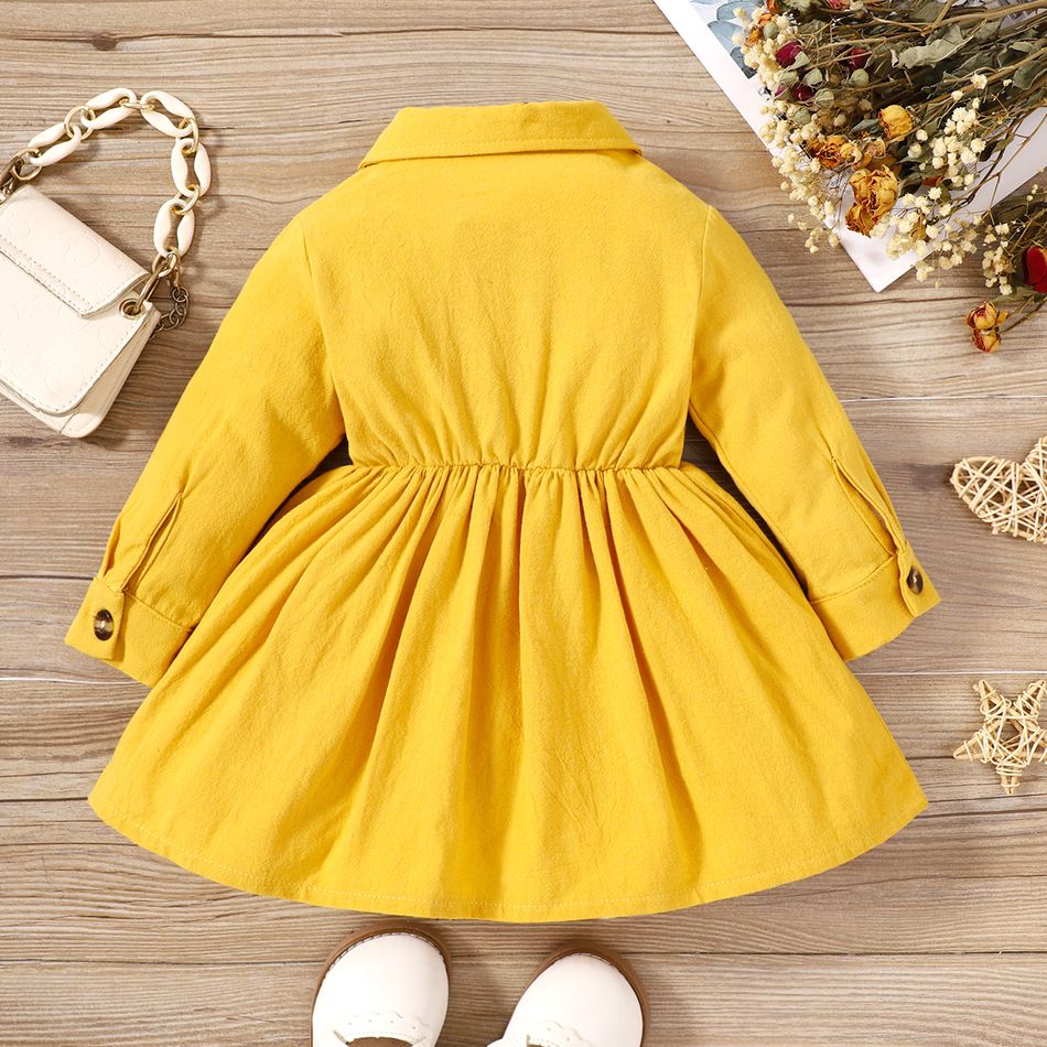 Baby Girl 100% Cotton Solid Long-sleeve Button Dress Yellow big image 3