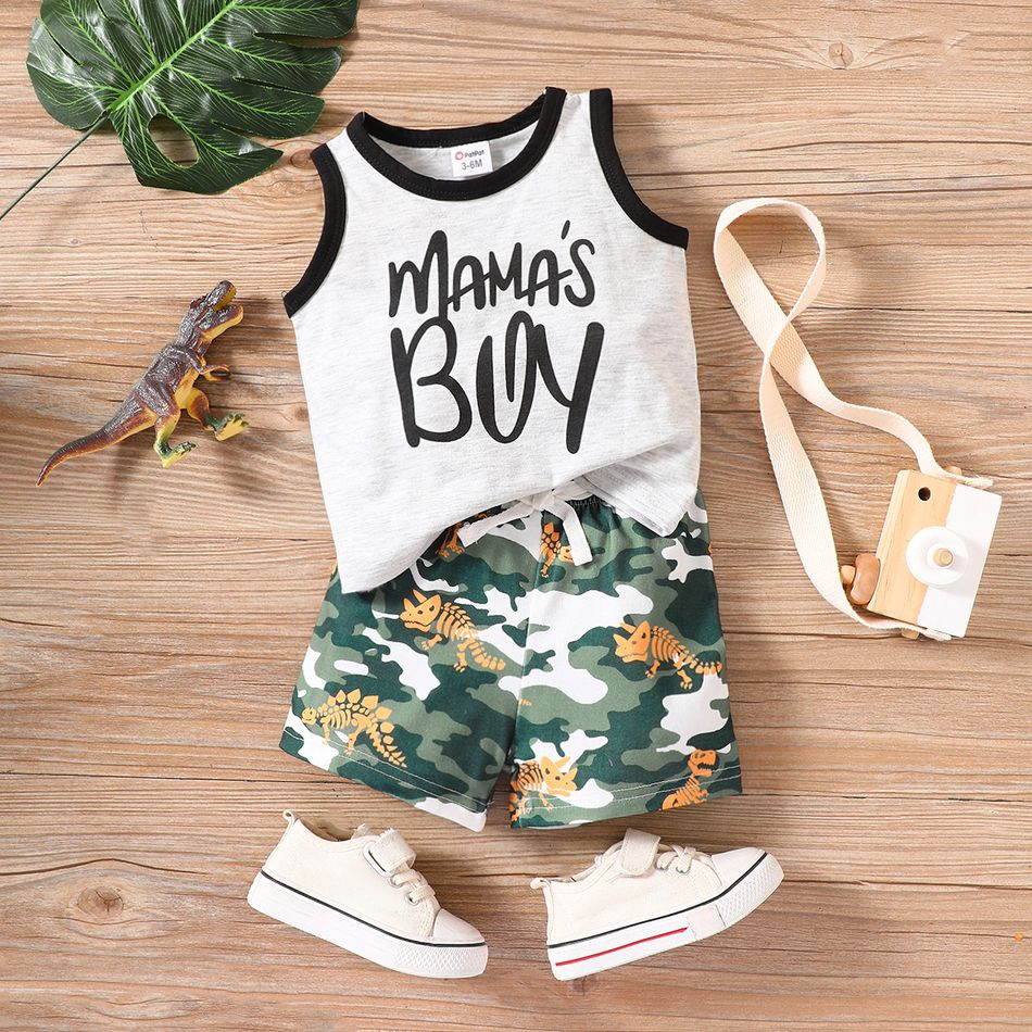 2pcs Baby Boy Letter Print Tank Top and Camouflage Shorts Set Flecked Grey big image 1